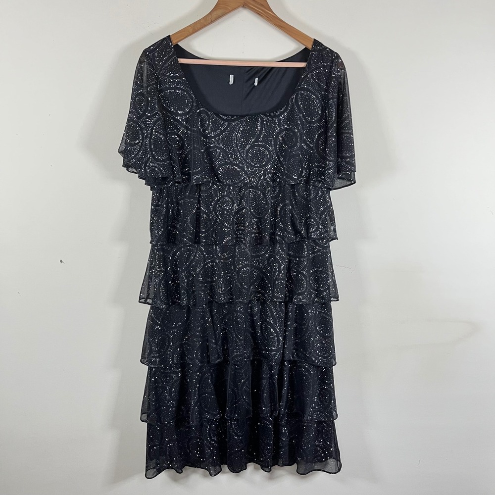 Tiered Flapper Style Mini Dress Black Sparkly Chiffon Retro Party Gatsby  1920s